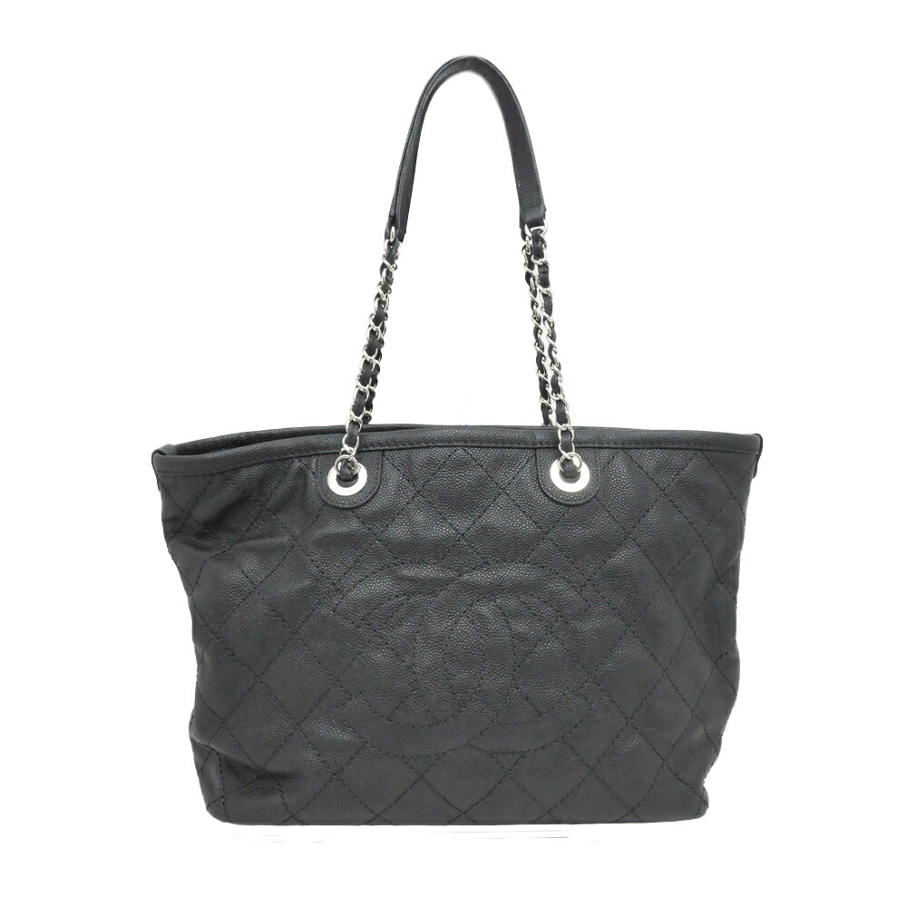【名東】【CHANEL】シャネル チェーントートバッグ ブラック キャビアスキン 黒色 シルバー金具 レディース【中古】