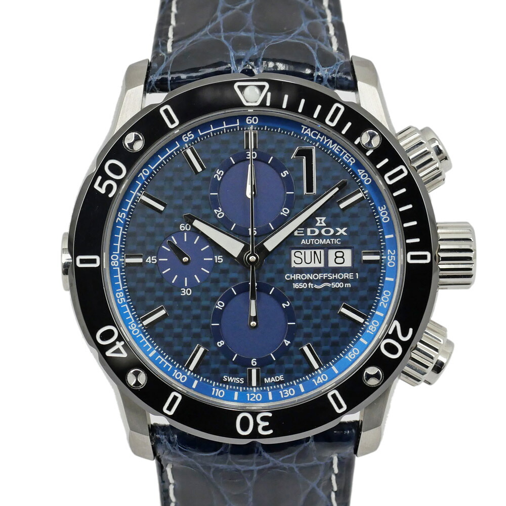 【名東】【EDOX】エドックス クロノオフショア1 クロノグラフ 01122-3-BUIN1-L 自動巻き SS レザー メンズ 男 ダイバーズ 腕時計【新品】【未使用】【中古】｜質ウエダ