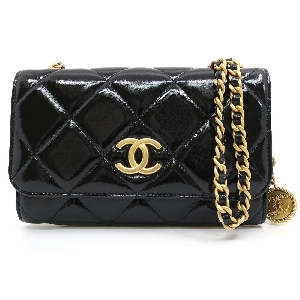 【栄】【CHANEL】シャネル チェーンクラッチ AP2814 パテントレザー ブラック ゴールド金具 ショルダーバッグ レディース 箱 保存袋【中古】｜質ウエダ
