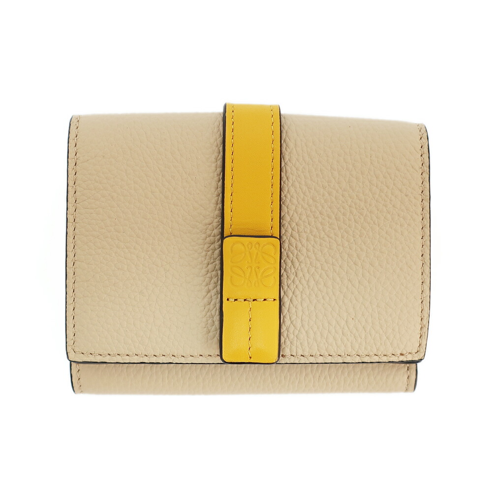 【最大限度４万円銀行割引クーポン券】【天白】【LOEWE】ロエベ トライフォールド ウォレット 紙入れ 三つ折り ベージュ 黄色 アナ瓦 ロゴタイプ なめし革 小物 レディース【中古】