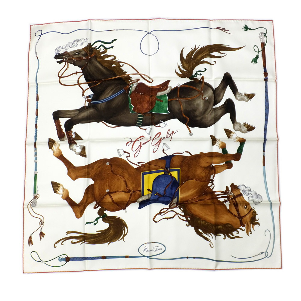 【最大限度３万円銀行割引引き換え証】【天白】【HERMES】エルメス カレ90 Grand Galop グランギャロップ 2026春夏 白いこと系×赤銅色系 えり巻き レディース 服飾小物【新品】【未当て嵌める】【中古】
