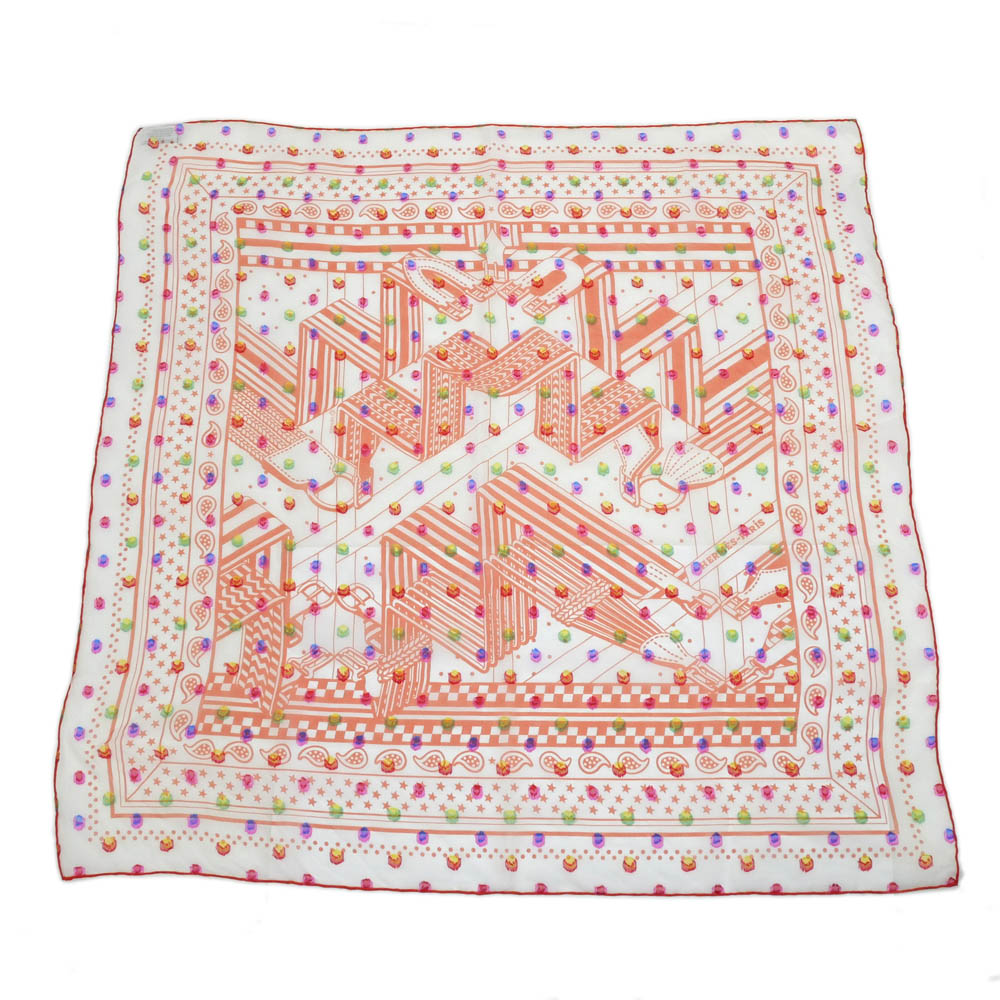 【名東】【HERMES】エルメス カレ60 蜿々たるのサングル Sangles en Zig Zag 虹霓一点 オレンジ色 バンダナ えり巻き カクテルドレスルー シアー メリンス【新品負けず劣らず】【中古】