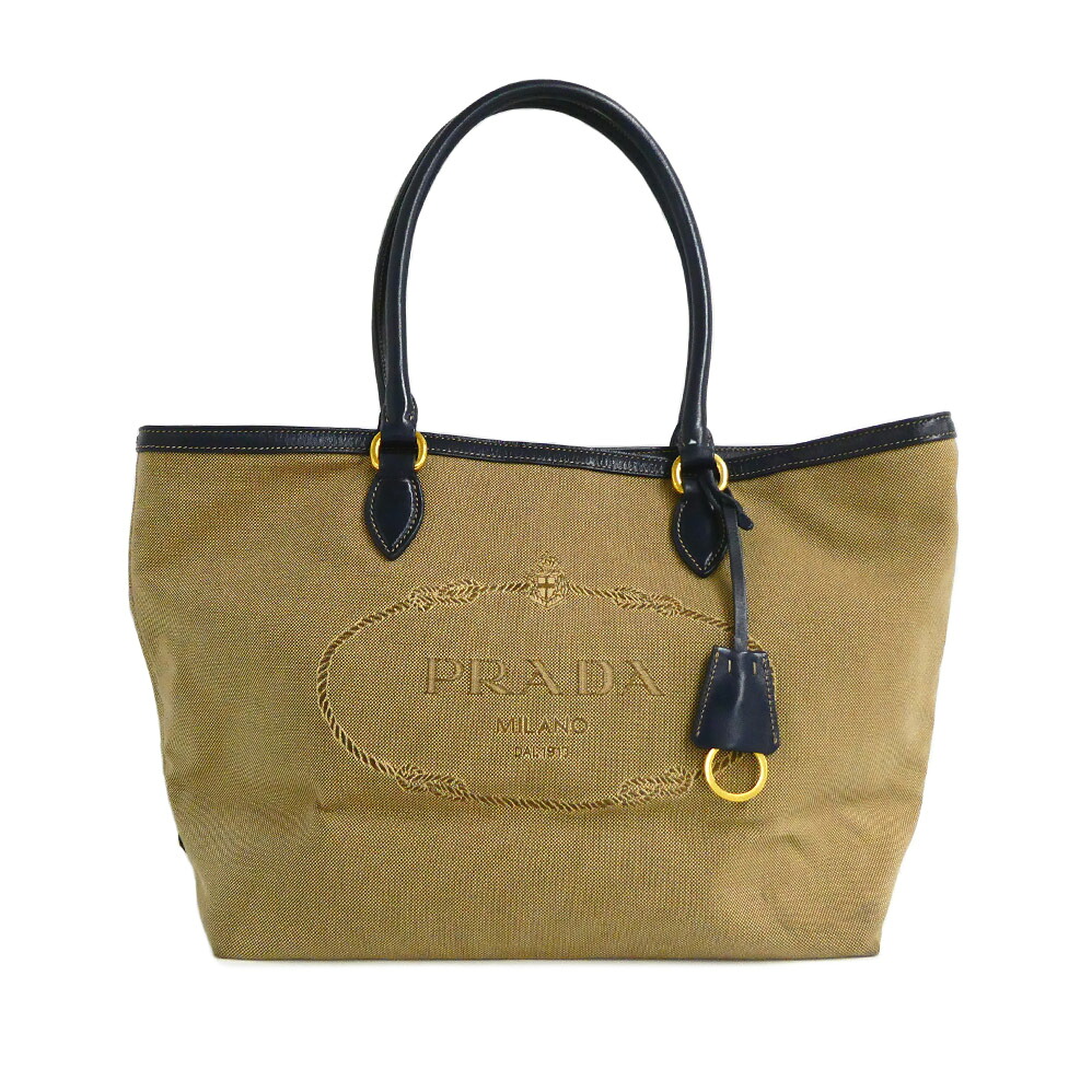 【名古屋】【PRADA】プラダ ロゴジャガード トートバッグ 1BG158 ベージュ 米国海軍 ショルダーバッグ 帆布 なめし革 GD金具 レディース メンズ【中古】