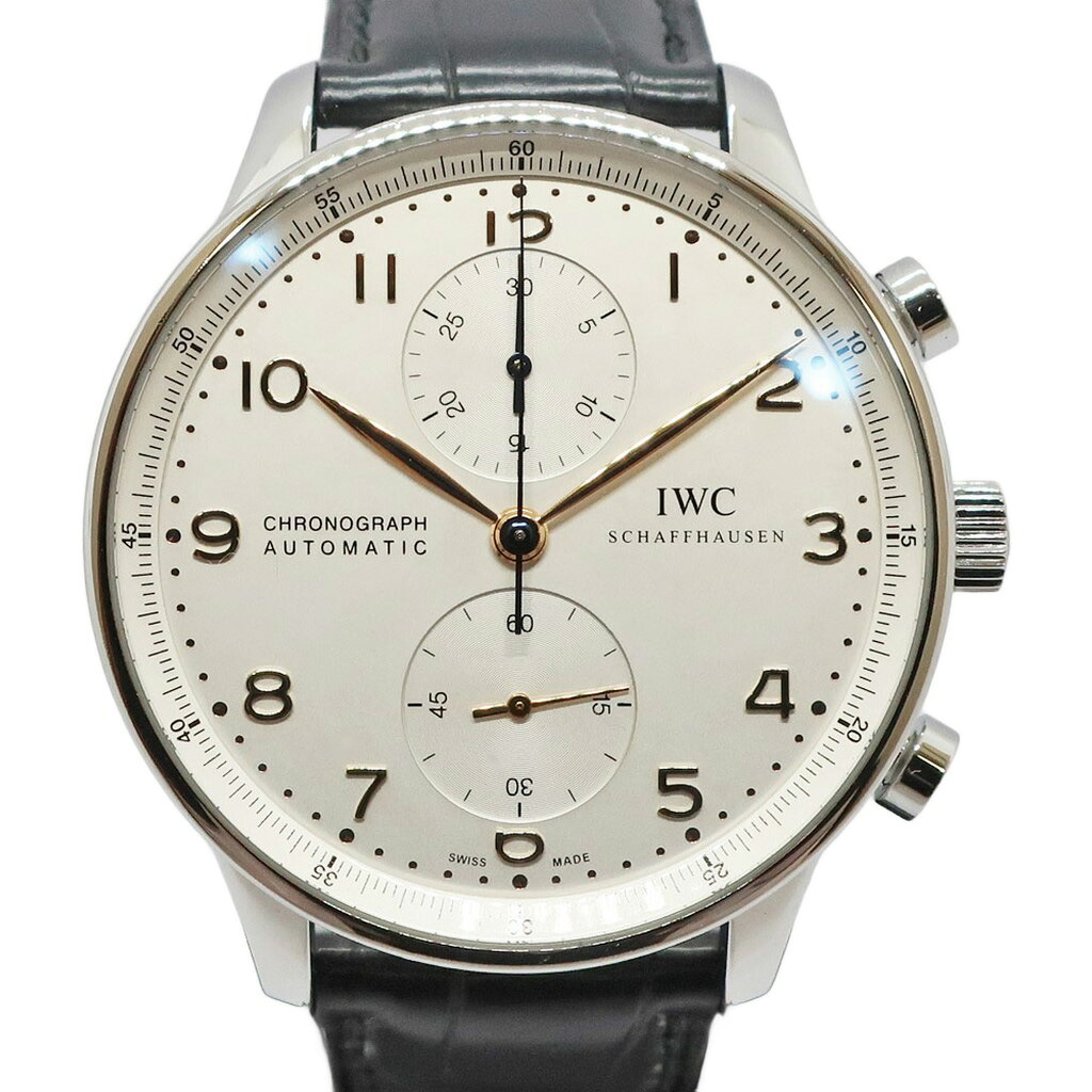 【天白】【IWC】インターナショナルウォッチカンパニー ポルトギーゼ クロノグラフ IW371445 しろがね色 SS なめし革 メンズ 自動小銃一巻き ウオッチ【完成済み】【中古】