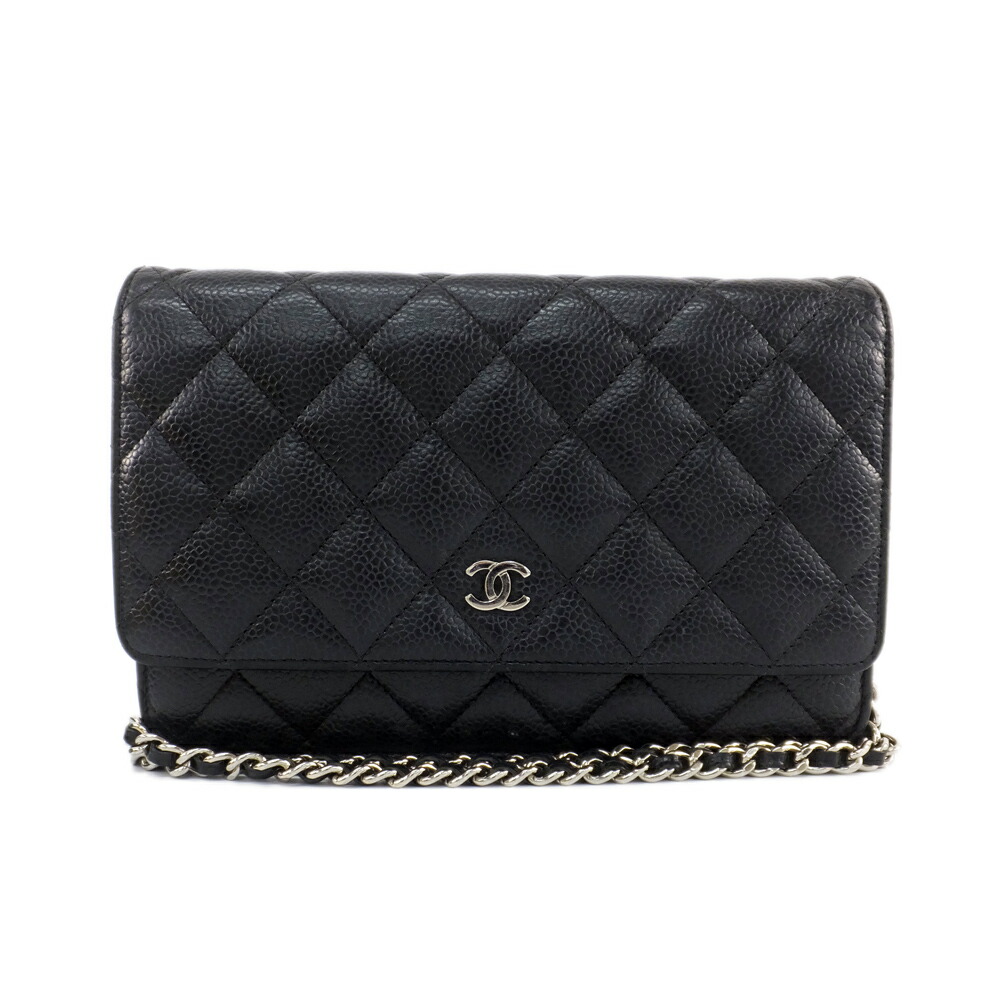 【天白】【CHANEL】シャネル チェーンウォレットショルダー ミニ御徒面子 黒いこと キャビア人はだ マトラッセ しろがね色金具 レディース【中古】