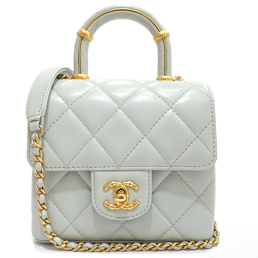【栄】【CHANEL】シャネル トップハンドル ミニフラップバッグ マトラッセ ショルダーバッグ 2WAY AS4035 ラムスキン ライトブルー ゴールド金具 レディース 箱 保存袋【中古】｜質ウエダ