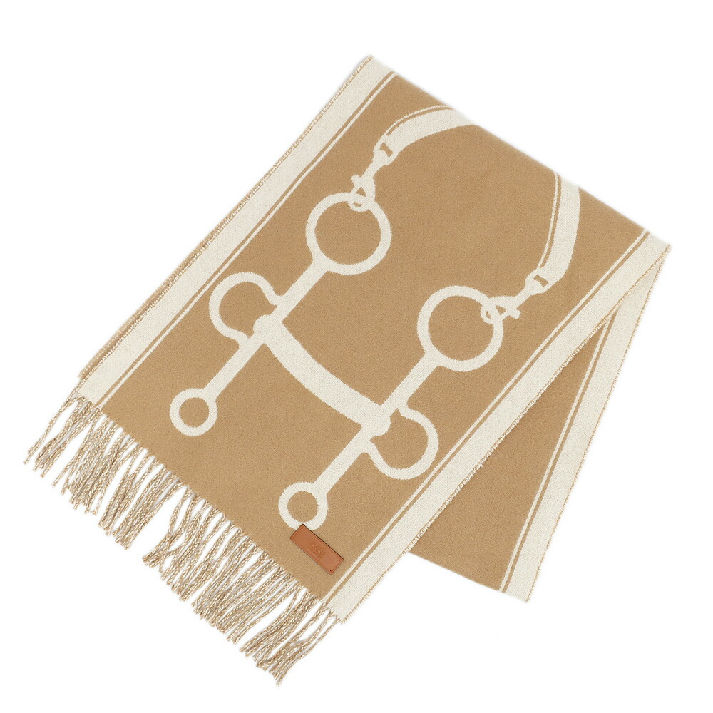 【天白】【HERMES】エルメス マフラー モール カシミヤ ベージュ系 バイカラー フリンジ ストール ファッション 小物 その他 メンズ レディース【中古】｜質ウエダ