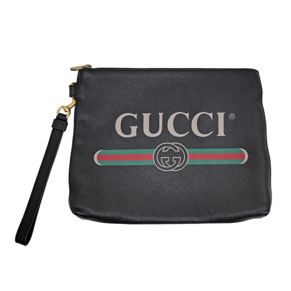 【名東】【GUCCI】グッチ ロゴプリント クラッチバッグ 572770 ブラック 黒 ゴールド金具 レザー 鞄 メンズ 男【中古】｜質ウエダ