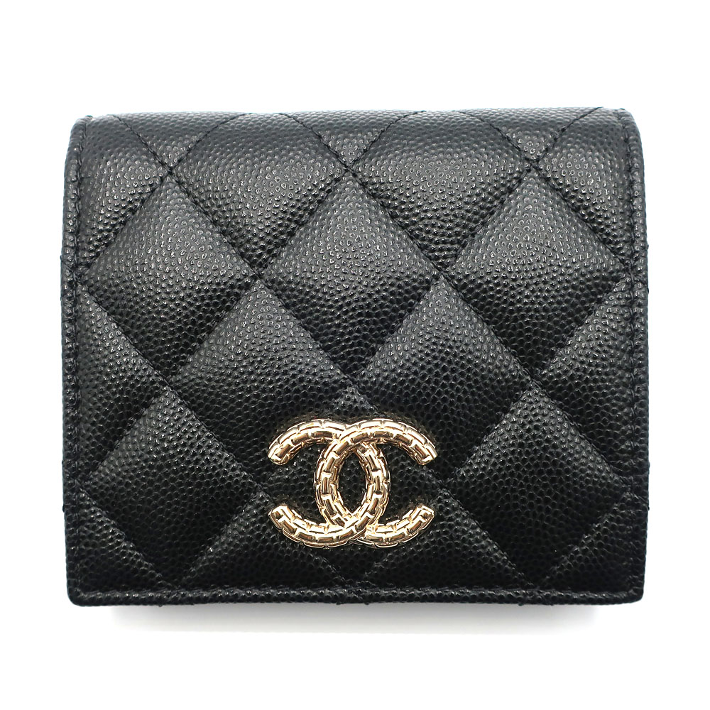 【天白】【CHANEL】シャネル 二つ折り財布 スモールウォレット キャビアスキン ブラック 安全ピン ゴールド金具 小物【中古】|質ウエダ