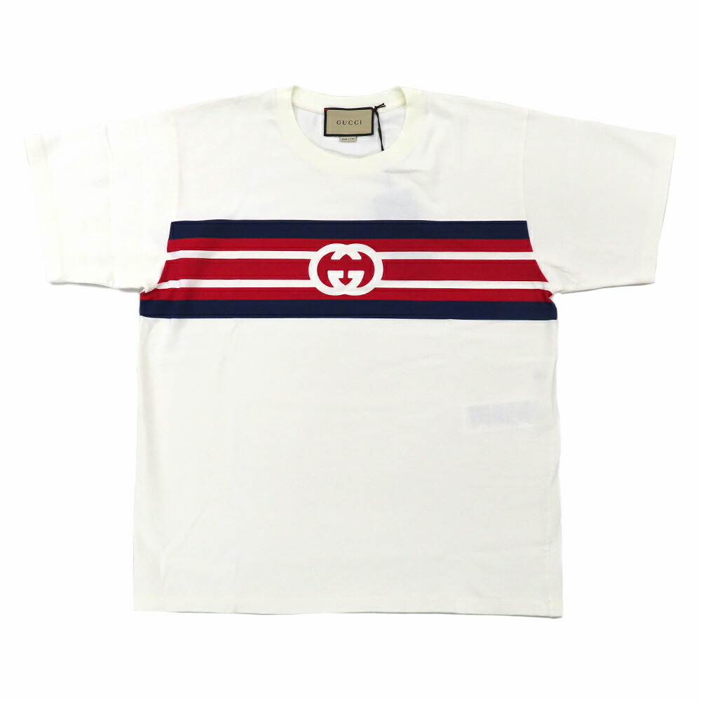 【名古屋】【GUCCI】グッチ インターロッキングG ストライプ ロゴプリント Tシャツ ホワイト XS 半袖 616036 白 メンズ アパレル【新品】【未使用】【中古】