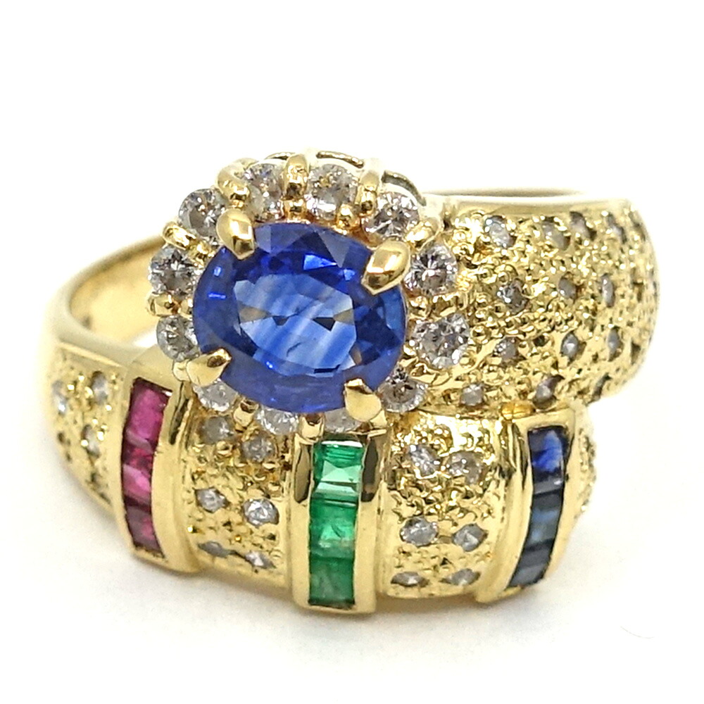 【最大限度３万円銀行割引引き換え証】【栄】【JEWELRY】K18YG 輪っか 指環 金剛石 サファイヤ エメラルド ルビー 750YG メンズ レディース 宝飾品【完成済】【中古】