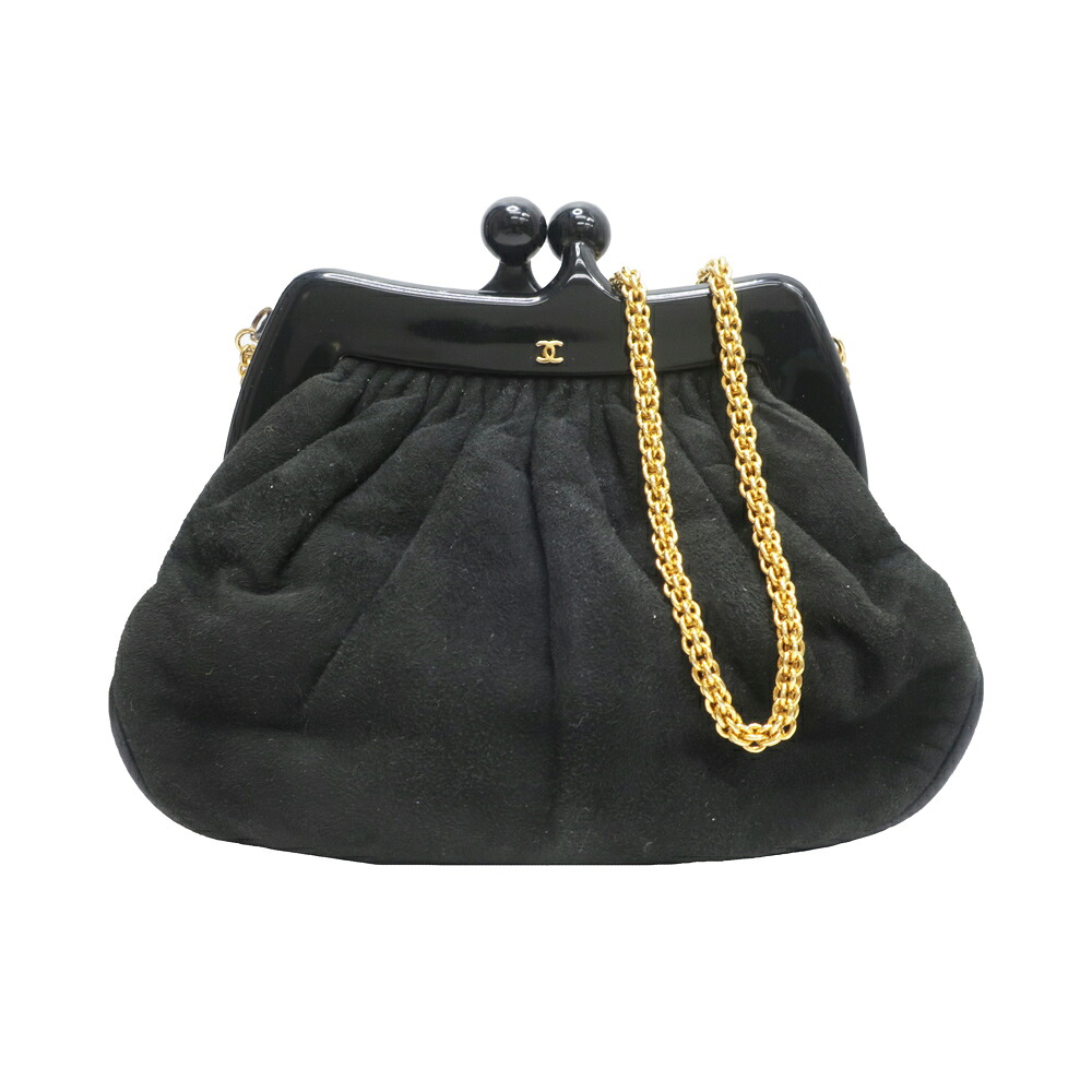 【名東】【CHANEL】シャネル がま口チェーンショルダーバッグ スエードXプラスチック ブラック GD金具 レディース【中古】|質ウエダ