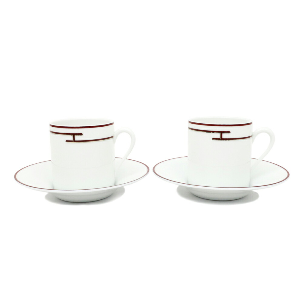 【名東】【HERMES】エルメス リズム カップ ソーサー 2客セット ホワイト ダークレッド シルバー 陶器 小物 その他【未使用】【中古】