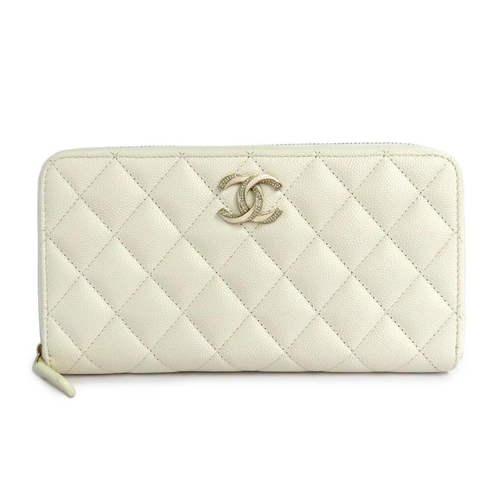 【名古屋】【CHANEL】シャネル ロングジップウォレット AP3337 マトラッセ キャビアスキン ホワイト ゴールド金具 ラウンドファスナー長財布 ココマーク 小物 レザー レディース【中古】