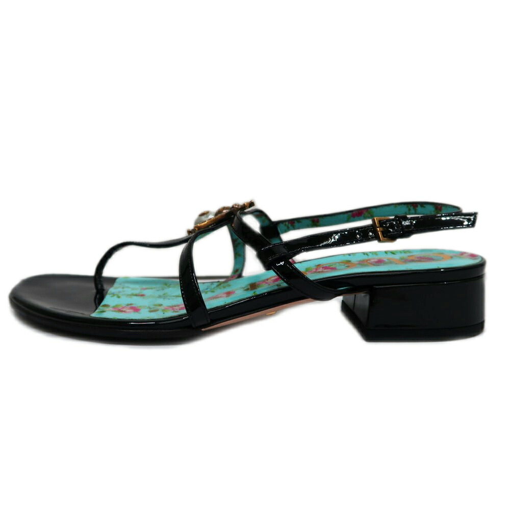 【名東】【GUCCI】グッチ ビー サンダル 37 1/2 花柄 黒 水色 蜂モチーフ レディースシューズ【中古】