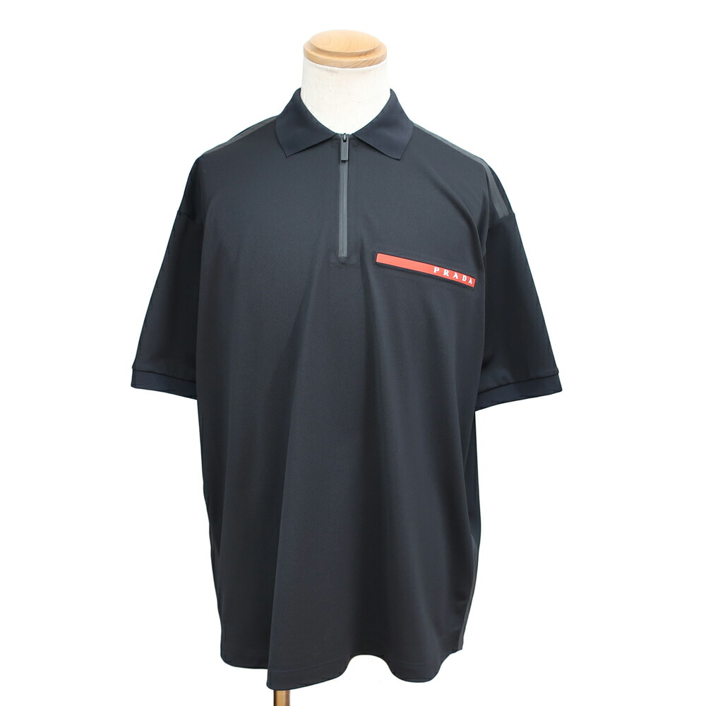 【美品】PRADA/プラダ　半袖ポロシャツ　ロゴ パッチ　鹿の子　ブラック　黒 プラダ メンズ 定番 鹿の子 半袖ポロシャツ 黒 #XL PRADA