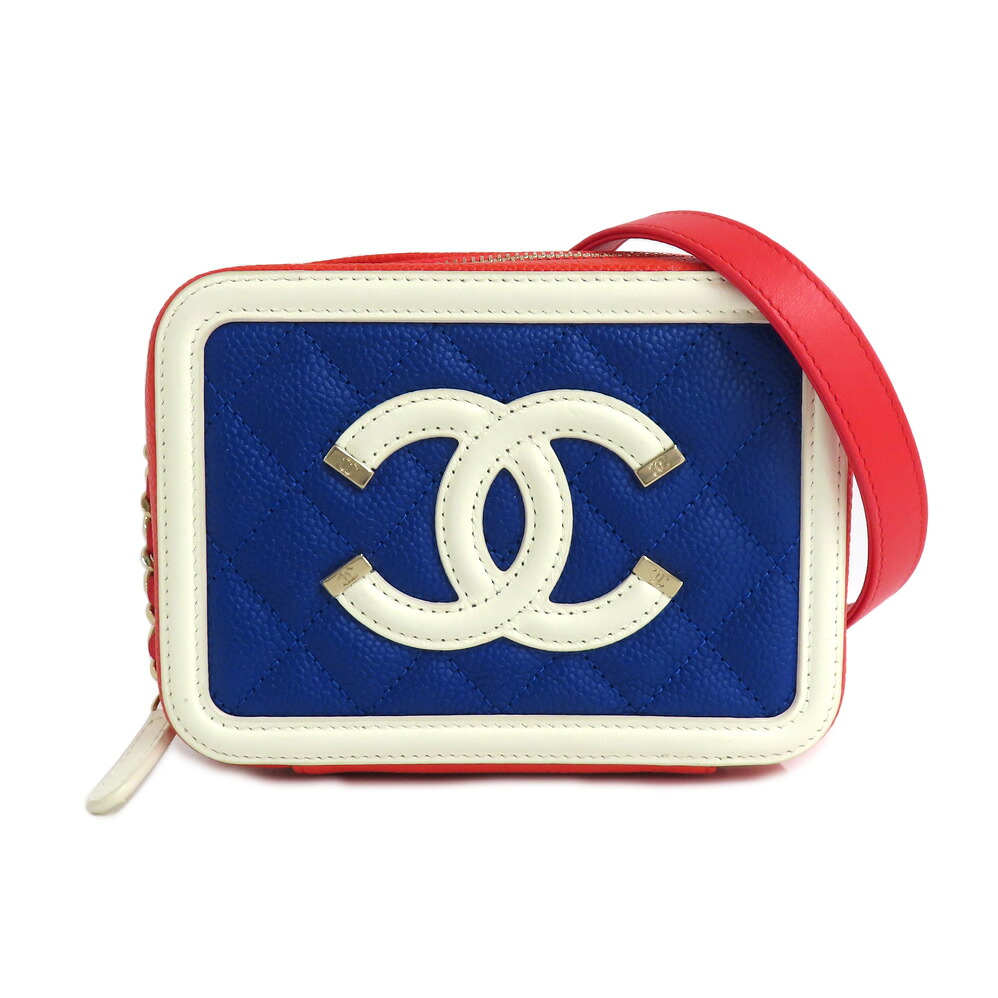 【名古屋】【CHANEL】シャネル CCフィリグリー スモールバニティ チェーンポーチ キャビアスキン レッド ブルー ホワイト GD金具 27番台 レディース【中古】|質ウエダ