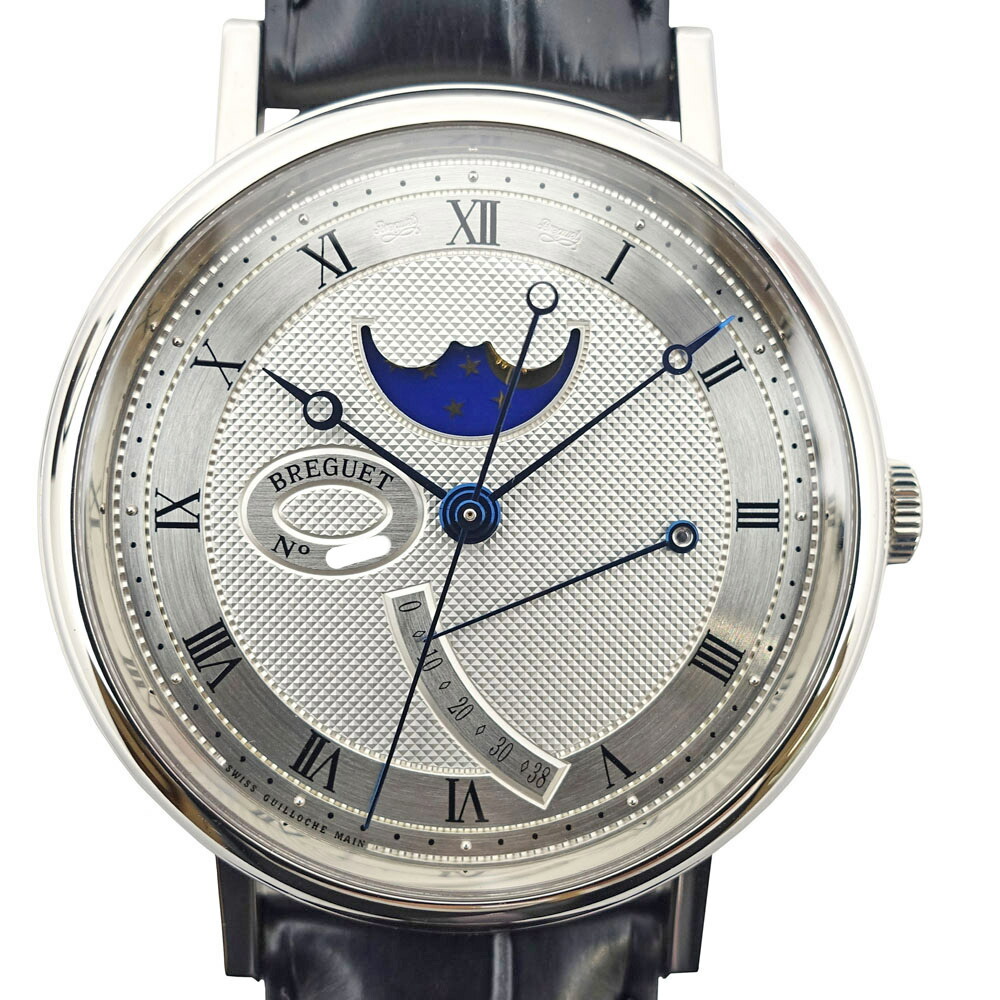 【栄】【BREGUET】ブレゲ クラシック ムーンフェイズ 39mm 7787BB/12/9V6 750WG 社外レザーベルト シルバー支 自動巻き 腕時計 メンズ 箱 保証書【仕上げ済】【中古】 827,750円