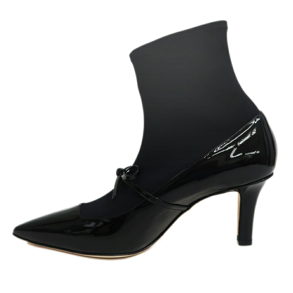 【名東】【MANOLO BLAHNIK】マノロ ブラニク APOONKLE アンクルブーツ サイズ38 リボン ブラック 黒 ストレッチ素材 エナメルレザー レディース シューズ【未使用】【中古】|質ウエダ