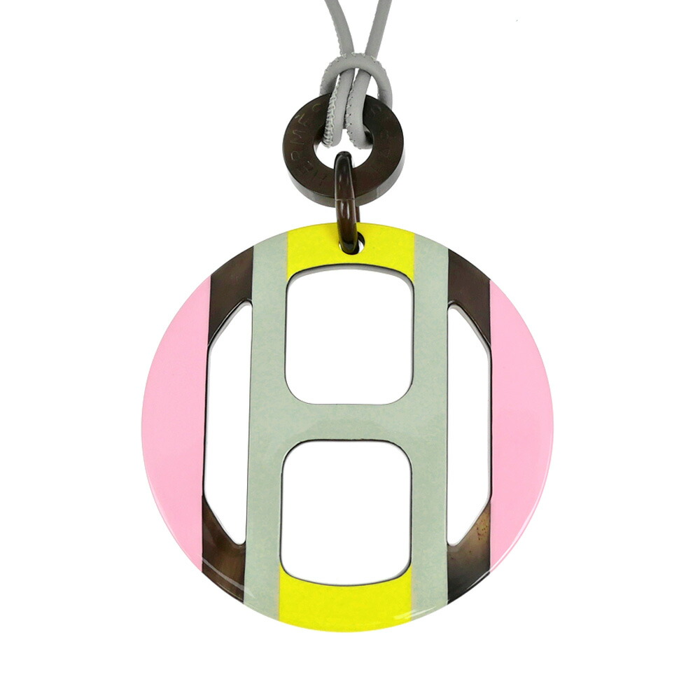 【名東】【HERMES】エルメス ネックレス Hエキップ バッファローホーン マルチカラー ピンク系 グレー系 イエロー系 ペンダント アクセサリー【未使用】【中古】｜質ウエダ