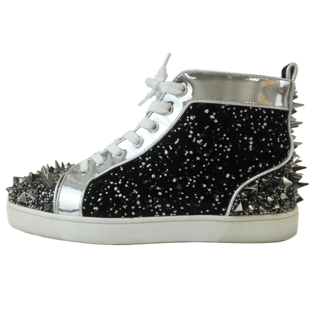 【天白】【CHRISTIAN LOUBOUTIN】クリスチャンルブタン PIKPIK ハイカットスニーカー サイズ41.5表記 26.5cm相当 ブラック メタルシルバー スタッズ レザー ラバー メンズ 靴【中古】｜質ウエダ