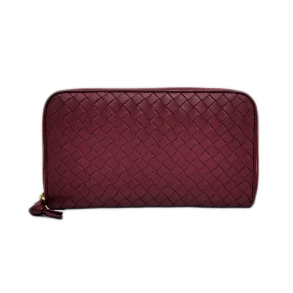 【名東】【BOTTEGA VENETA】ボッテガヴェネタ ジップアラウンドウォレット 長財布 ウォレット イントレチャート 114076 ボルドー ゴールド金具 レザー ユニセックス【中古】｜質ウエダ