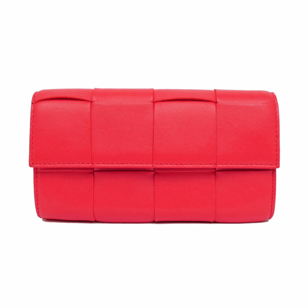 【名東】【BOTTEGA VENETA】ボッテガヴェネタ テープ ラージフラップ ウォレット 長紙入れ 赤いこと 赤系 ゴールド金具 なめし革【中古】