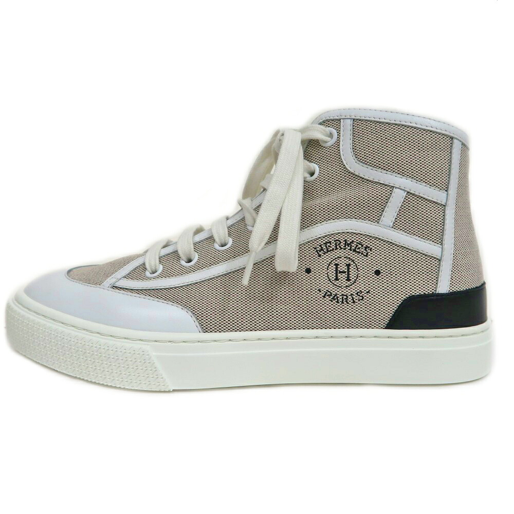 【名東】【HERMES】エルメス ゲットアップ ハイカット スニーカー キャンバス レザー グレーベージュ系 ホワイトサイズ37 レディースシューズ【新品同様】【中古】|質ウエダ