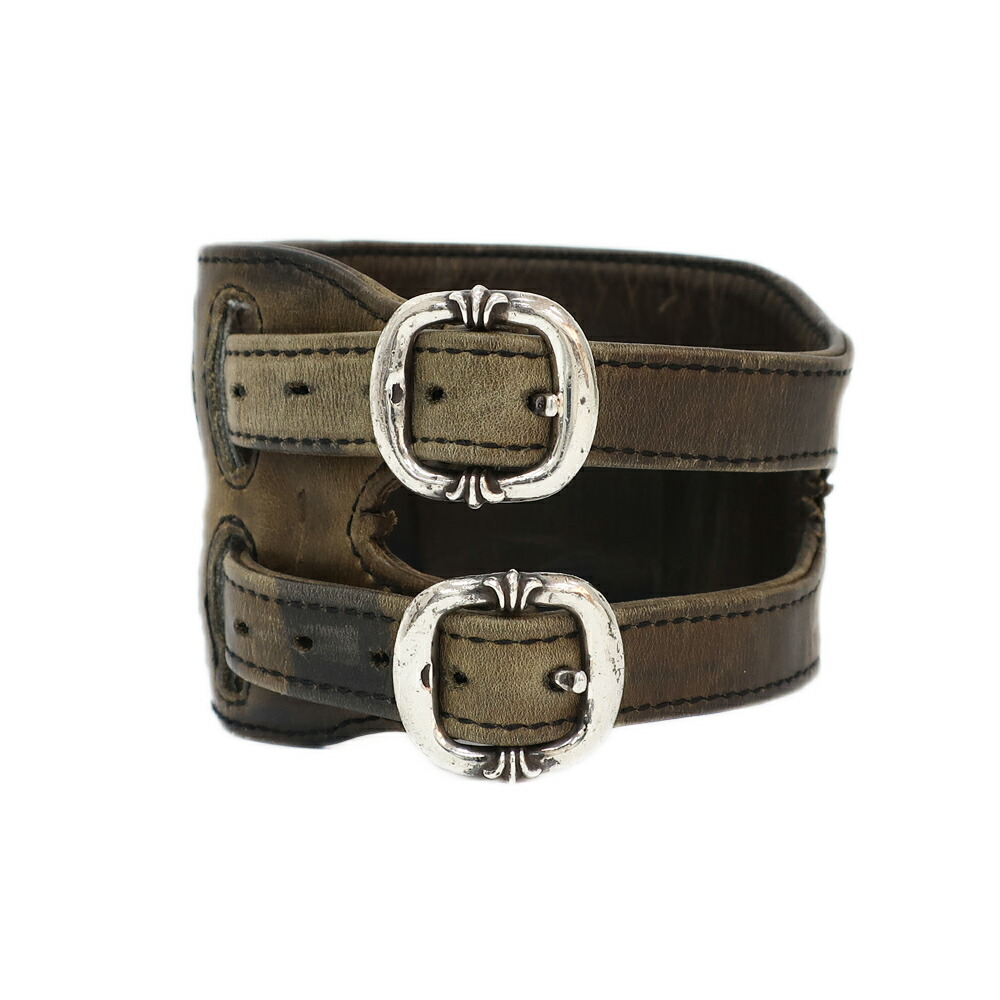 【天白】【CHROME HEARTS】クロムハーツ ワイド ダブル ロックンロール ブレスレット タンクカモ 迷彩 ブラウン系 シルバー金具 レザー アクセサリー 小物 その他【中古】
