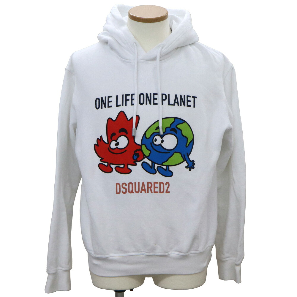 【名古屋】【DSQUARED2】ディースクエアード ONE LIFE ONE PLANET プルオーバーフーディ ホワイト Mサイズ 22AW メンズアパレル 男【中古】|質ウエダ