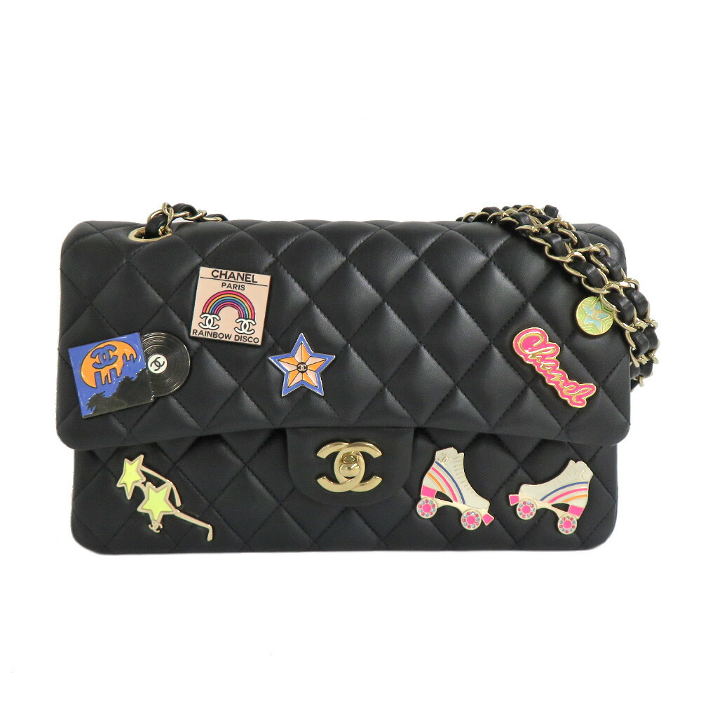 【名古屋】【CHANEL】シャネル マトラッセ 25 ダブルフラップバッグ チェーンショルダーバッグ 2024年 クルーズコレクション バッジ ブラック ゴールド金具 A01112 ラムスキン 黒 レザー レディース【中古】