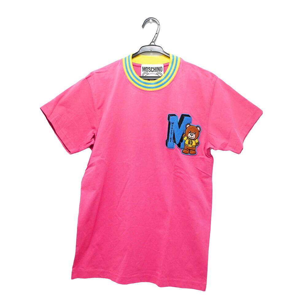 【名東】【MOSCHINO】モスキーノ Tシャツ ベアワッペン XXSサイズ ピンク イエロー ブルー ブラウン ブラック コットン アパレル 服【中古】｜質ウエダ