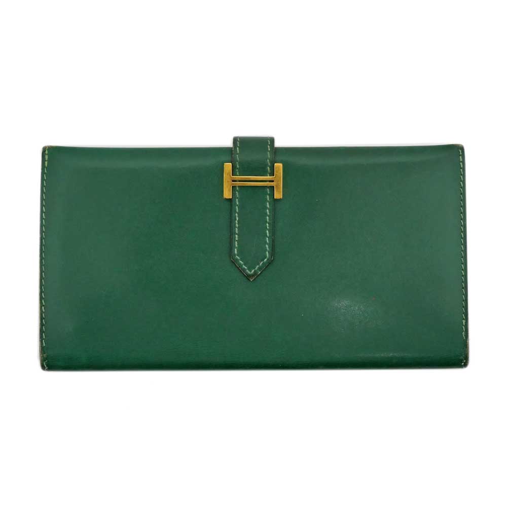 【名東】【HERMES】エルメス ベアン 古典派音楽 ボックスカーフ 緑であること ゴールド金具 F目じるし なめし革 長紙入れ ウォレット【中古】
