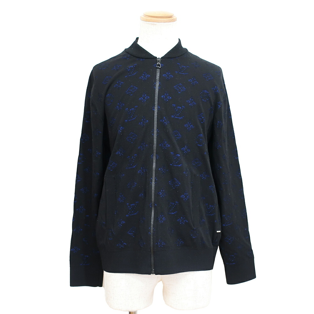 【天白】【LOUIS VUITTON】ルイヴィトン ジップニット ドロップニードル モノグラム ブルゾン 表記サイズS ブラック/ブルー アウター メンズ 上着 アパレル 服【中古】
