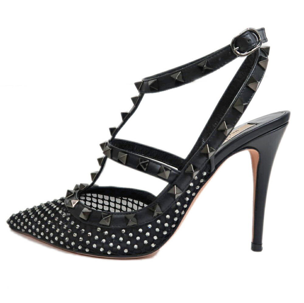 【名東】【VALENTINO】バレンティノ ガラヴァーニ ホールパンプス ロックスタッド ラインストーン サイズ38 レザー ブラック レディースシューズ【新品同様】【中古】