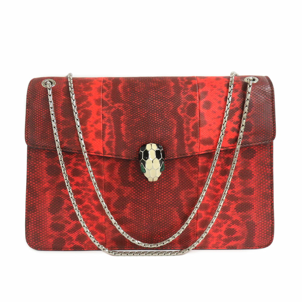 【最大限度４万円割り引き引き換え証】【名古屋】【BVLGARI】ブル小峡谷 セルペンティ フォーエバー チェーン店ショルダーバッグ パイソン しろがね色金具 鏡鑑付 レディース【中古】