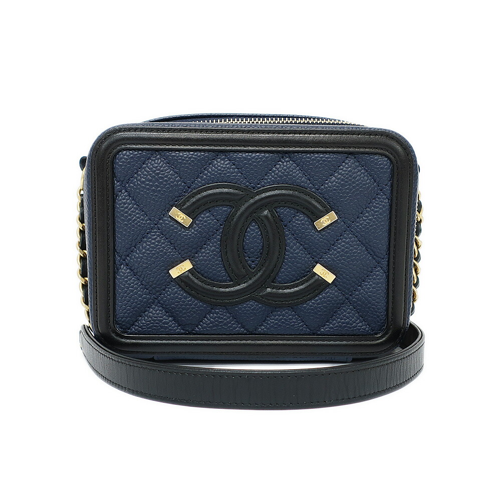 【天白】【CHANEL】シャネル CCフィリグリー チェーンショルダーバッグ ネイビー ゴールド金具 マトラッセ キャビアスキン ココマーク レディース 鞄【中古】
