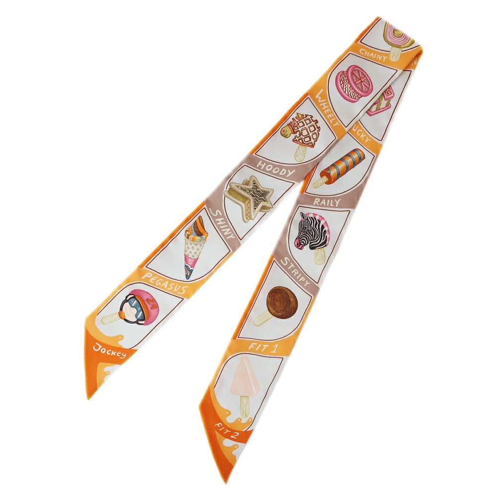 【天白】【HERMES】エルメス ツイリー FUNNY ICE CREAM ファニーアイスクリーム スカーフ オレンジ クリーム ベージュ シルク スイーツ レディース 小物 ファッション その他【中古】