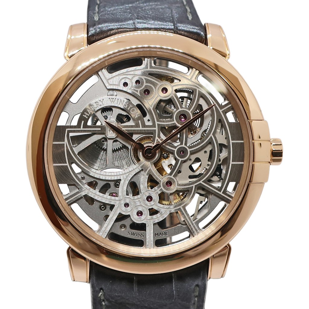 【最大３万円OFFクーポン】【天白】【HARRY WINSTON】ハリーウィンストン ミッドナイト スケルトン MIDAHM42RR001 750 RG レザー メンズ 自動巻き 腕時計 保証書付き【仕上げ済み】【中古】
