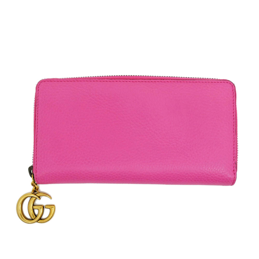 【名東】【GUCCI】グッチ GGマーモント ジップアラウンド 409392 1147 ピンク ゴールド金具 長財布 財布 ウォレット レディース【中古】｜質ウエダ