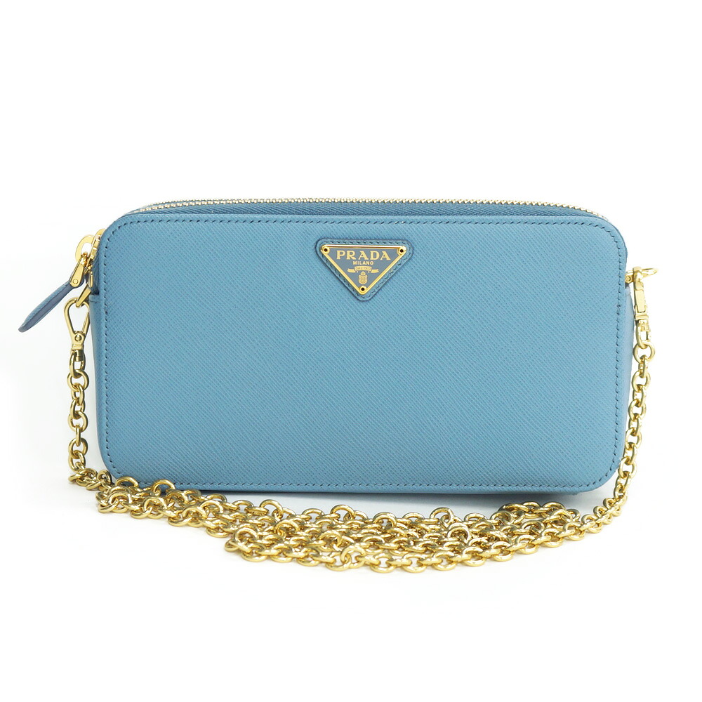 【栄】【PRADA】プラダ 1DH010 サフィアーノ チェーンショルダーバッグ スマホショルダー ライトブルー 水色 ゴールド金具 箱【中古】