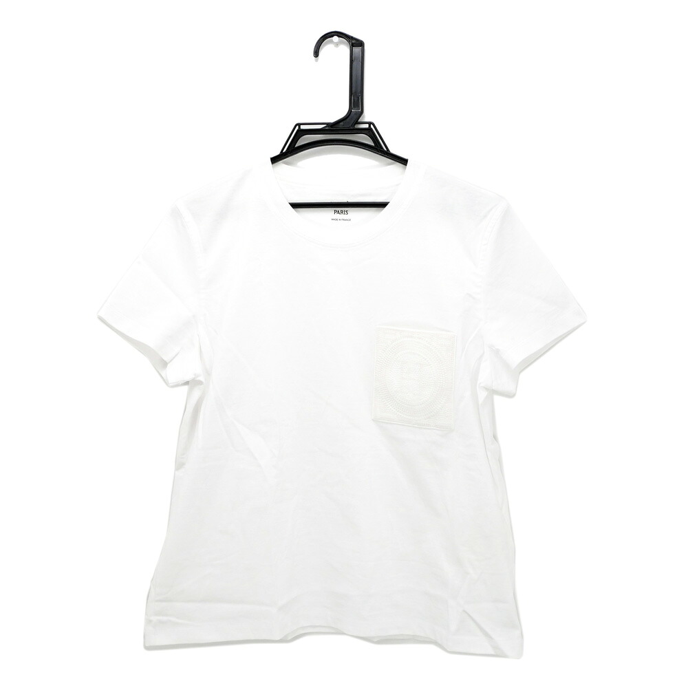 【名東】【HERMES】エルメス Tシャツ 刺繍入りポケット ホワイト 白 40サイズ 綿 半袖 レディース アパレル 女 服【中古】｜質ウエダ