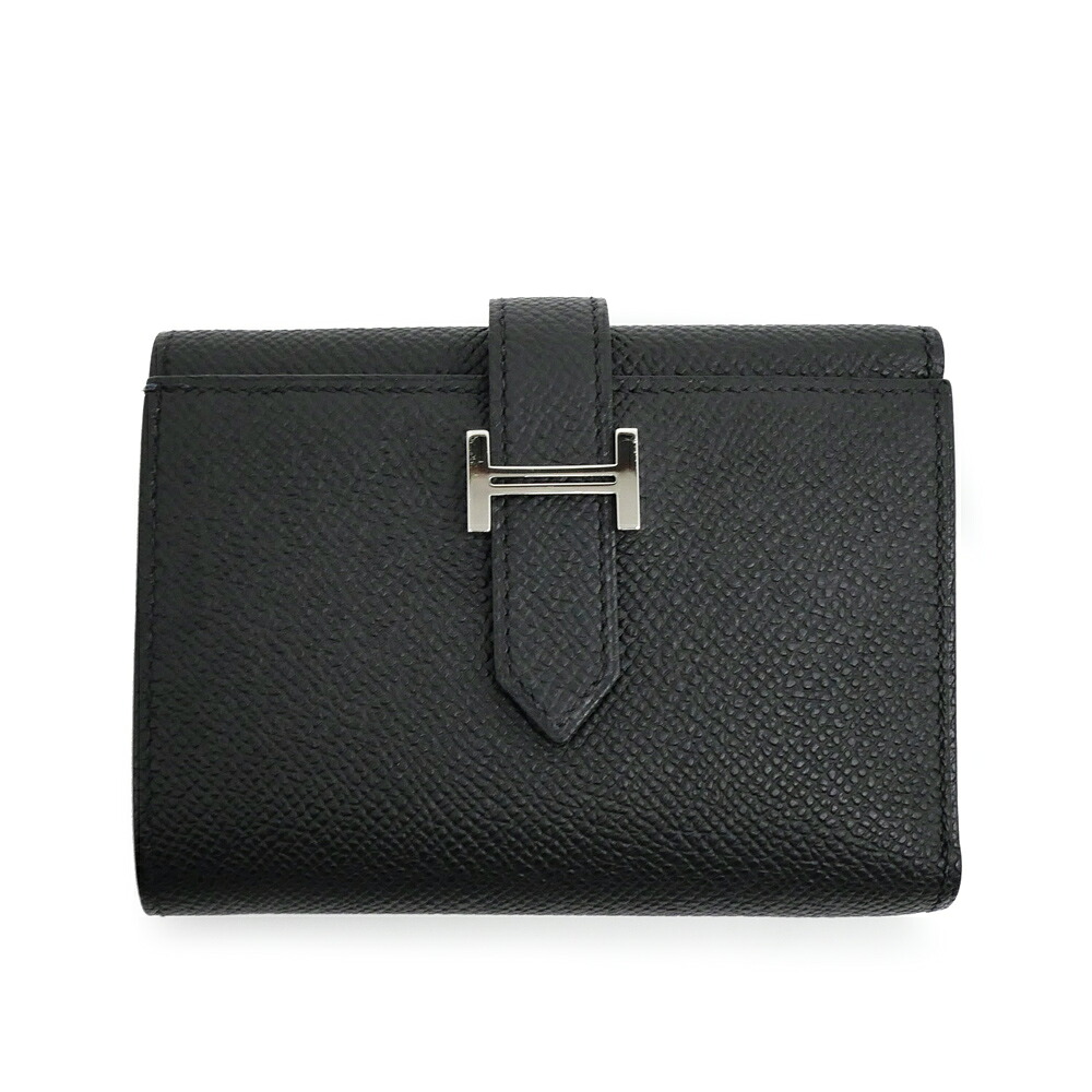 【名東】【HERMES】エルメス ベアン コンビネ ブラック シルバー金具 エプソン W刻 三つ折り 財布 ウォレット コンパクト【中古】