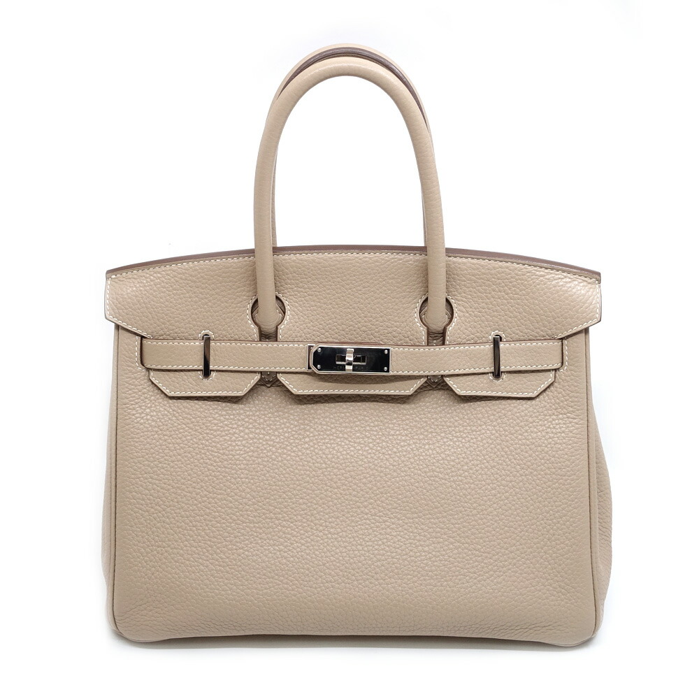 【最大３万円OFFクーポン】【栄】【HERMES】エルメス バーキン 30 ハンドバッグ □Q刻印 2013年 トリヨンクレマンス レザー アルジル ベージュ系 シルバー金具 白ステッチ レディース 保存用布袋 カデナ 鍵【中古】