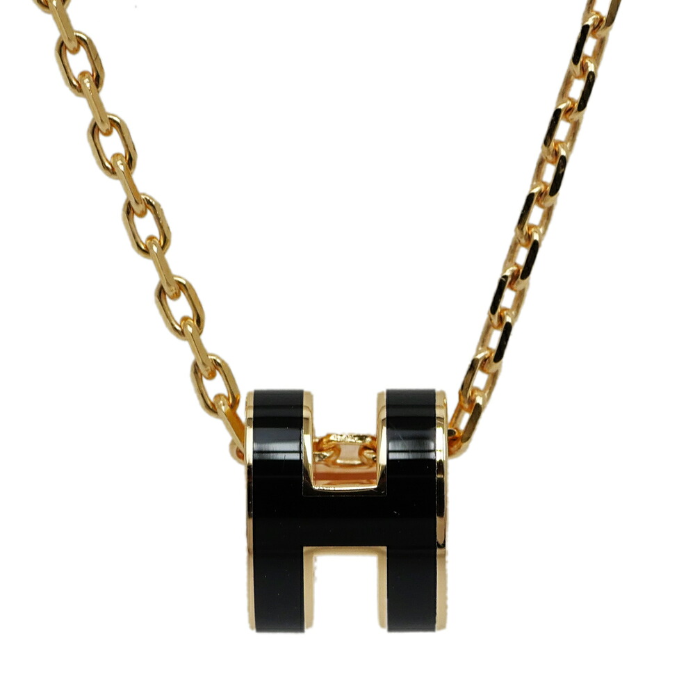 【名東】【HERMES】エルメス ポップアッシュ ミニ ネックレス 40cm Hペンダント ブラック 黒 ピンクゴールドカラー レディース 女 アクセサリー 小物【中古】