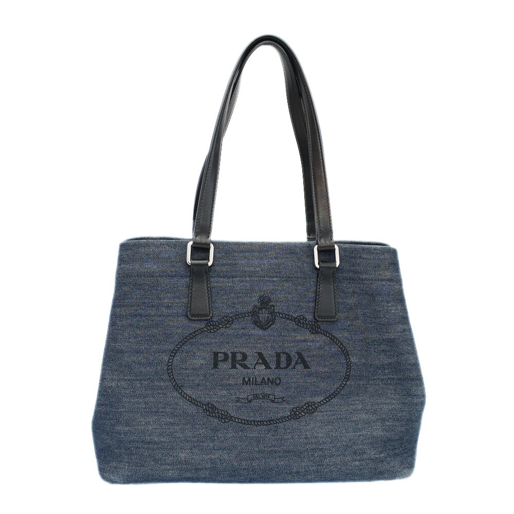 【天白】【PRADA】プラダ トートバッグ デニム レザー ロゴ ブルー シルバー金具 ハンドバッグ 鞄 レディース【中古】