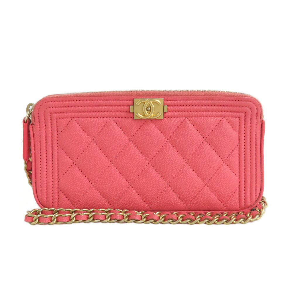 【名古屋】【CHANEL】シャネル ボーイシャネル チェーンクラッチ A84069 チェーンウォレット ショルダーバッグ キャビアスキン ピンク ゴールド金具 ココマーク 25番台 レディース【中古】