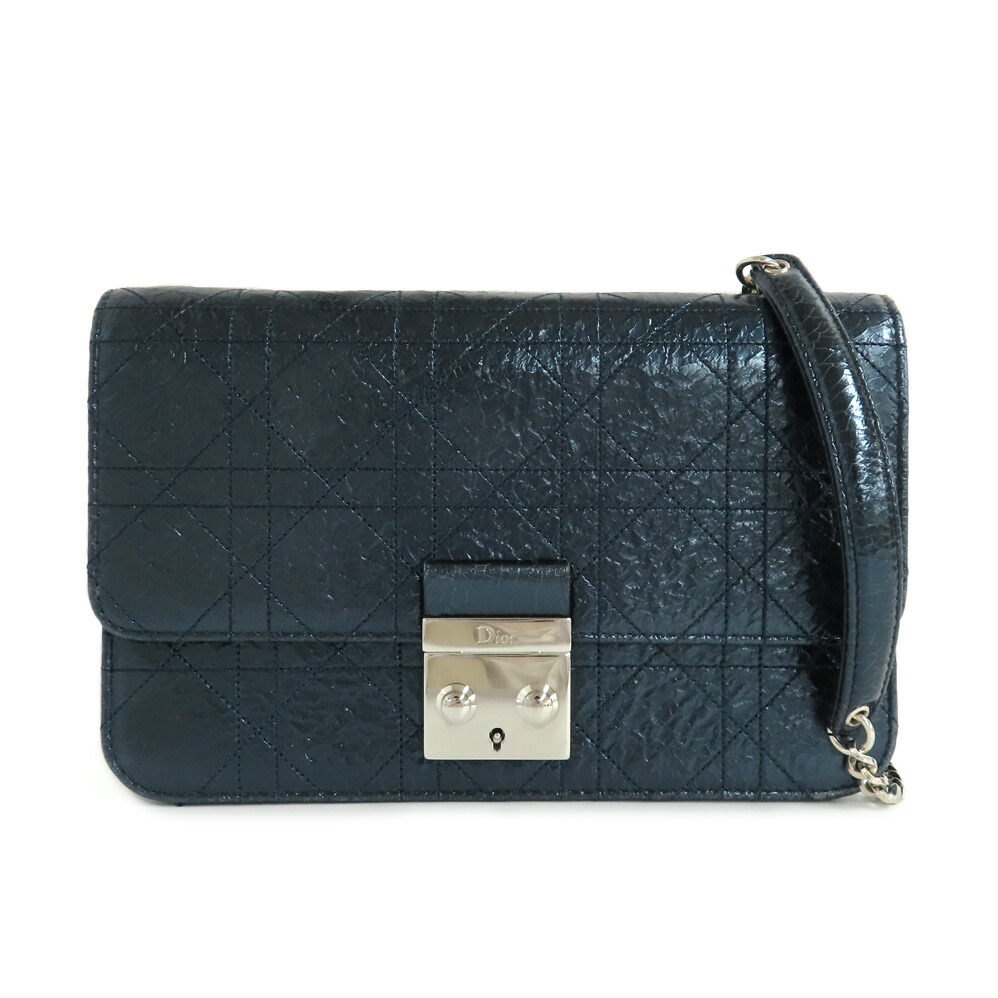 【名古屋】【CHRISTIAN DIOR】クリスチャンディオール ミスディオール ウォレット オン チェーン ショルダーバッグ メタリックブルー シルバー金具 クラッチバッグ ポシェット レザー レディース【中古】