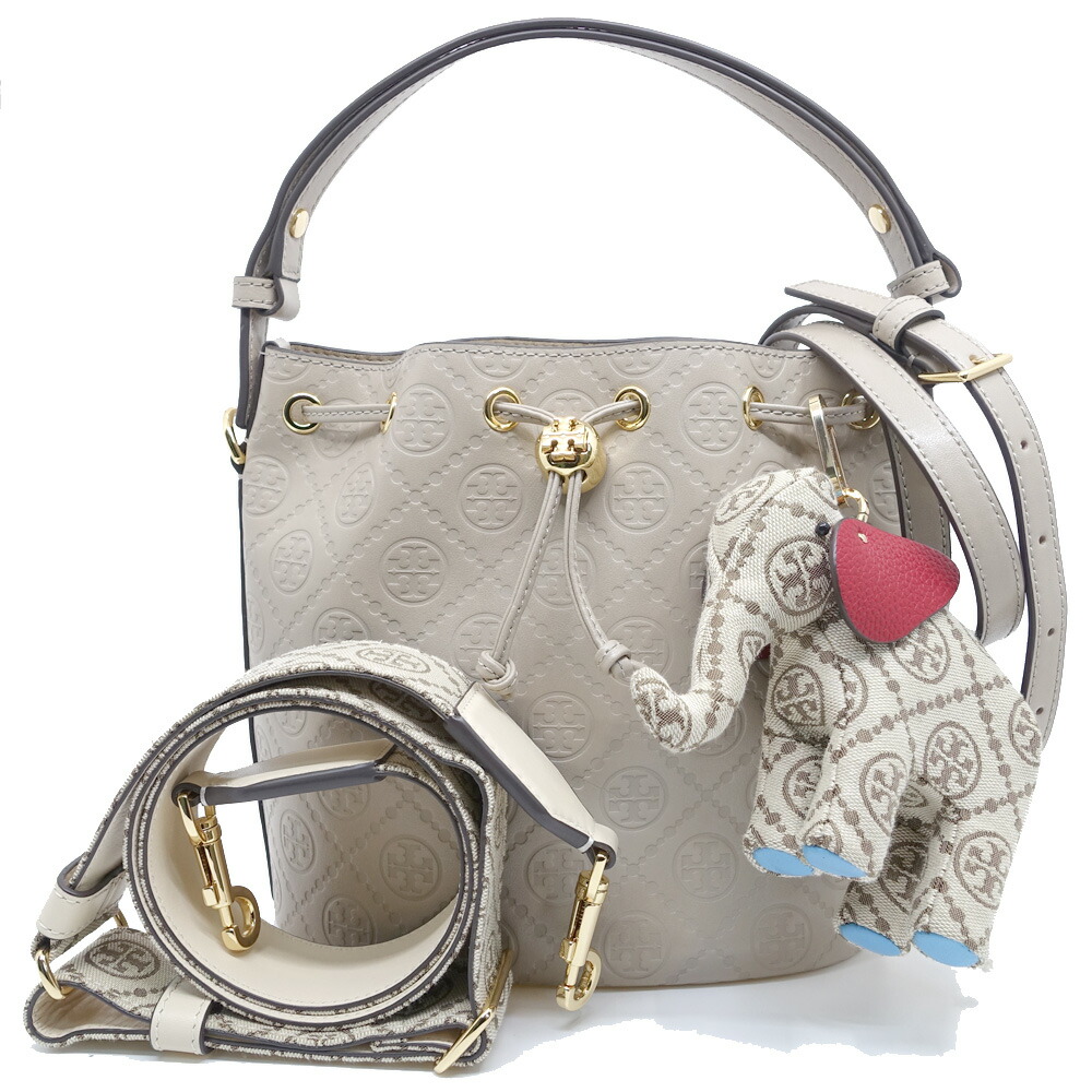 【栄】【TORY BURCH】トリーバーチ Tモノグラム バケットバッグ ベージュ GD金具 レザー ショルダーバッグ 2WAY 別売りストラップ・チャーム レディース 女性 保存袋【中古】