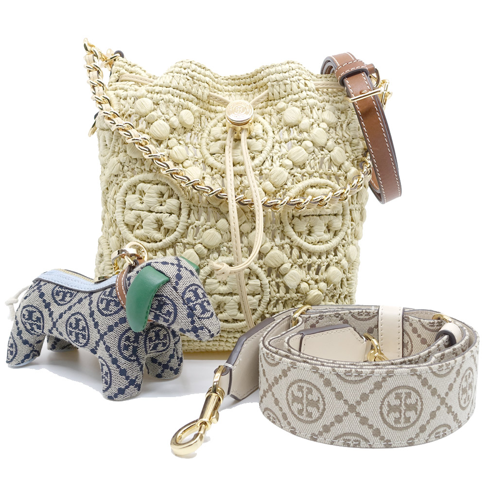 【栄】【TORY BURCH】トリーバーチ Tモノグラム ラフィア バケットバッグ 169134 ナチュラル GD金具 ラフィア ショルダーバッグ 2WAY 別売りストラップ・チャーム 女性 保存袋【中古】
